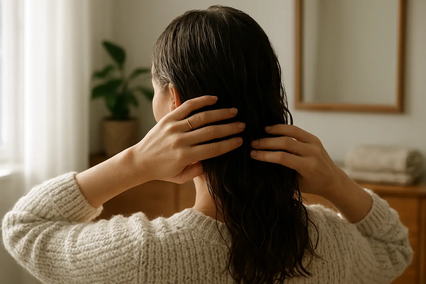 Detalhe de costas e ombros enquanto penteia cabelo úmido à luz suave da janela, sem chapinha