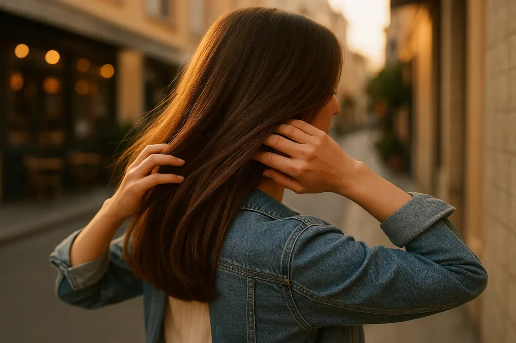 Pessoa de três-quartos mostrando cabelo liso natural ao vento em rua urbana ao pôr do sol, sem chapinha
