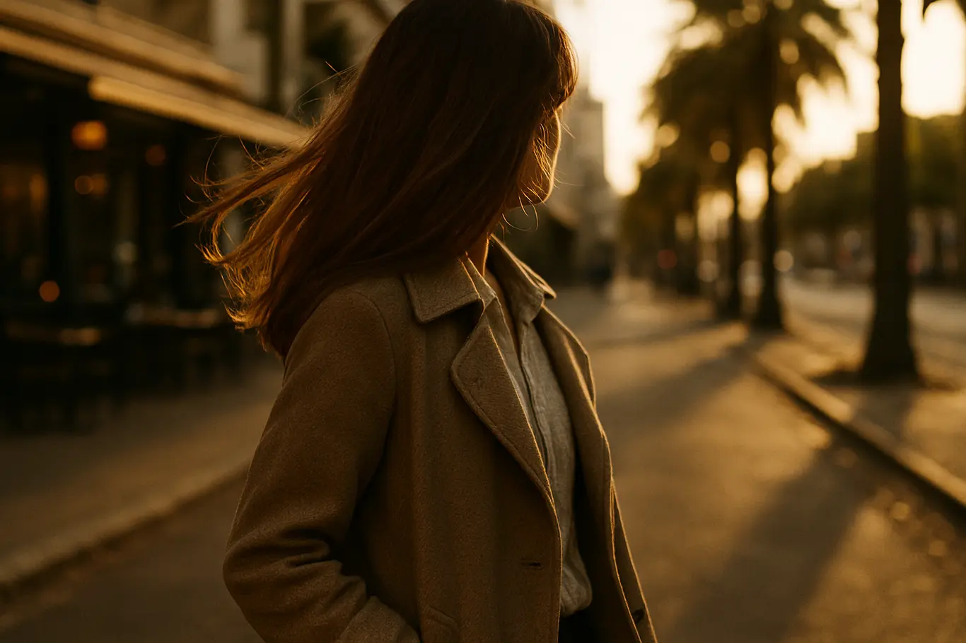Pessoa de costas caminhando por avenida brasileira ao pôr do sol com cabelo liso natural balançando