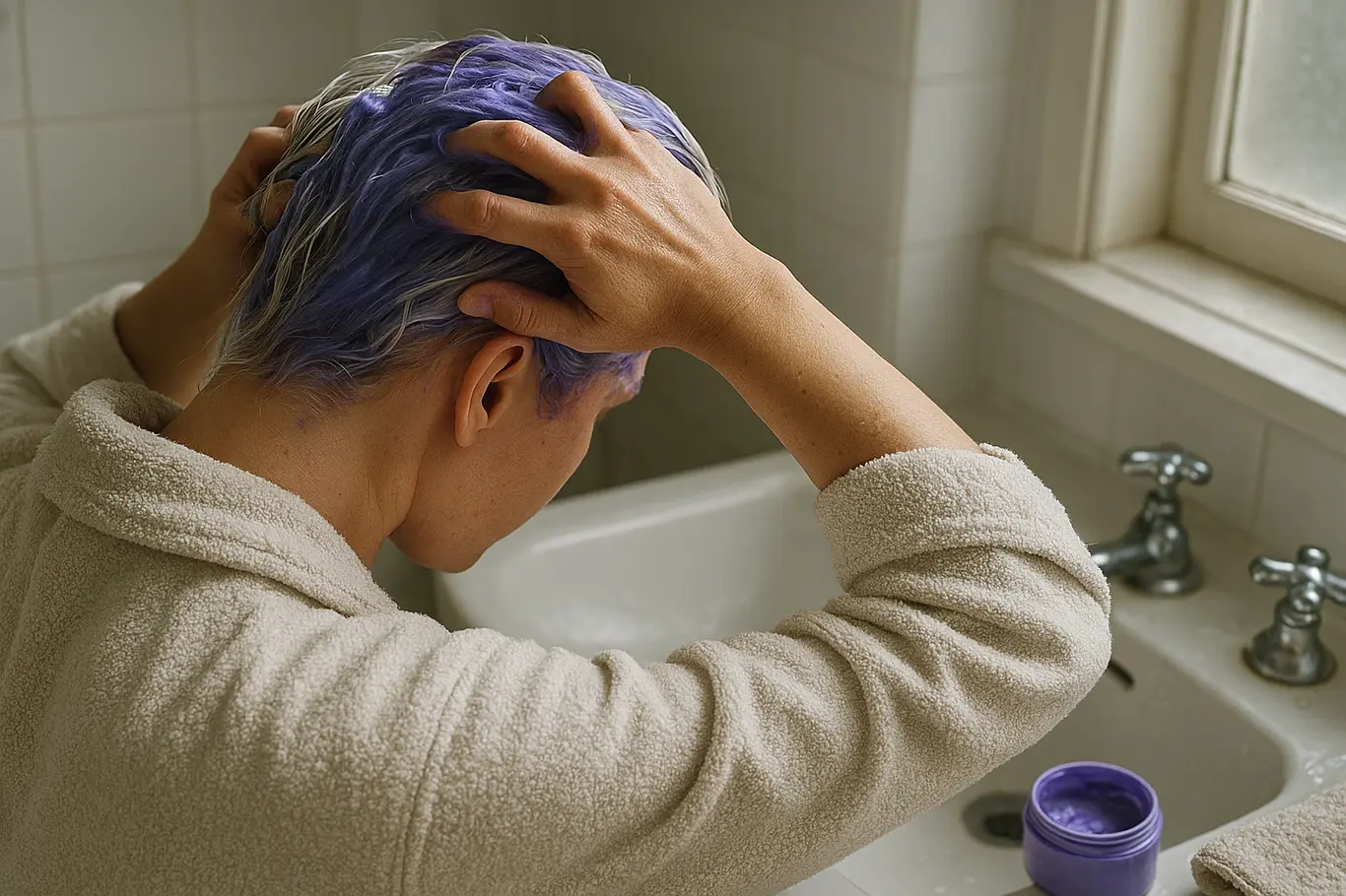 Pessoa de costas aplicando máscara roxa em cabelo loiro platinado na bancada do banheiro