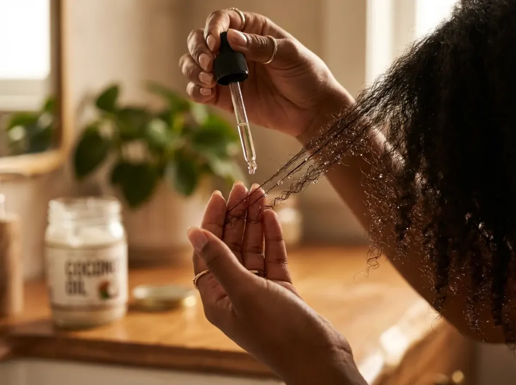 Cabelos de baixa porosidade: óleo de coco penetra mais do que você imagina Close-up editorial de fios de cabelo de baixa porosidade com gotas de óleo de coco sendo aplicadas por mãos cuidadas