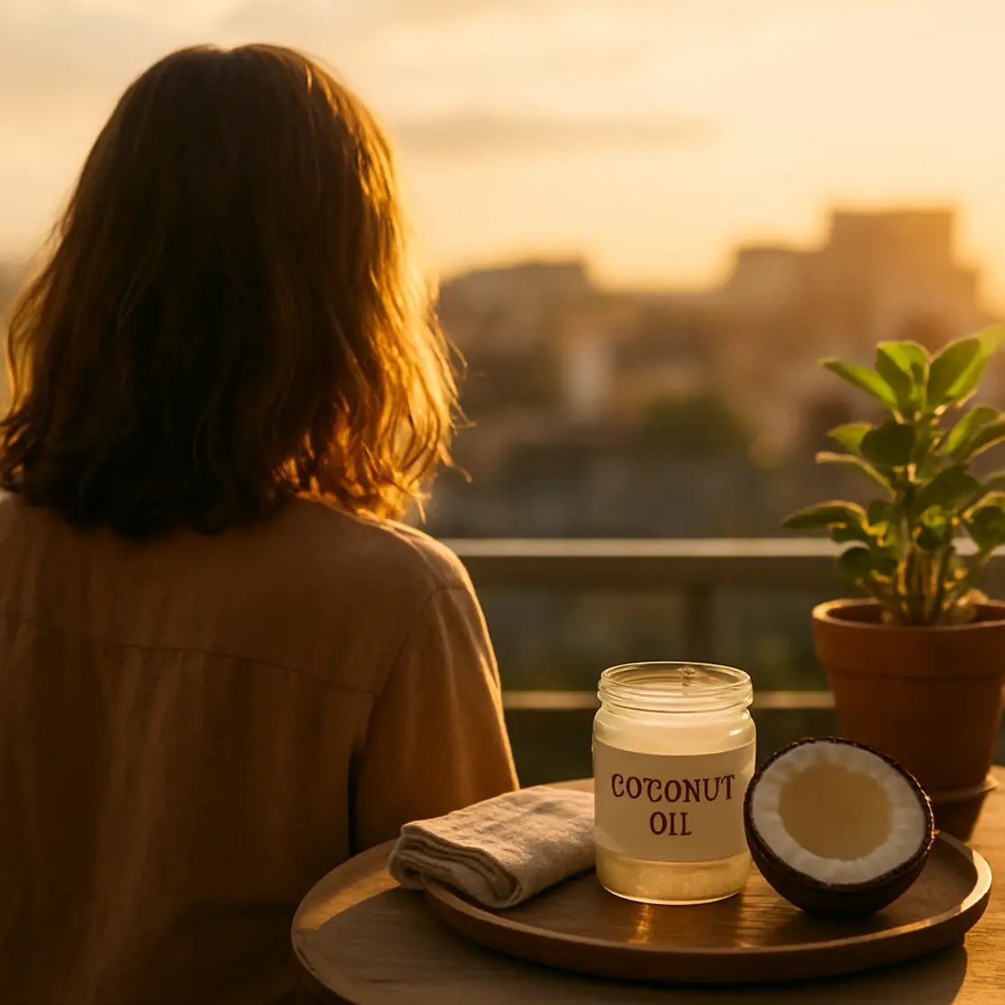 Cena ambiental em varanda ao entardecer com pessoa de costas, pote de óleo de coco e metade de coco no balcão