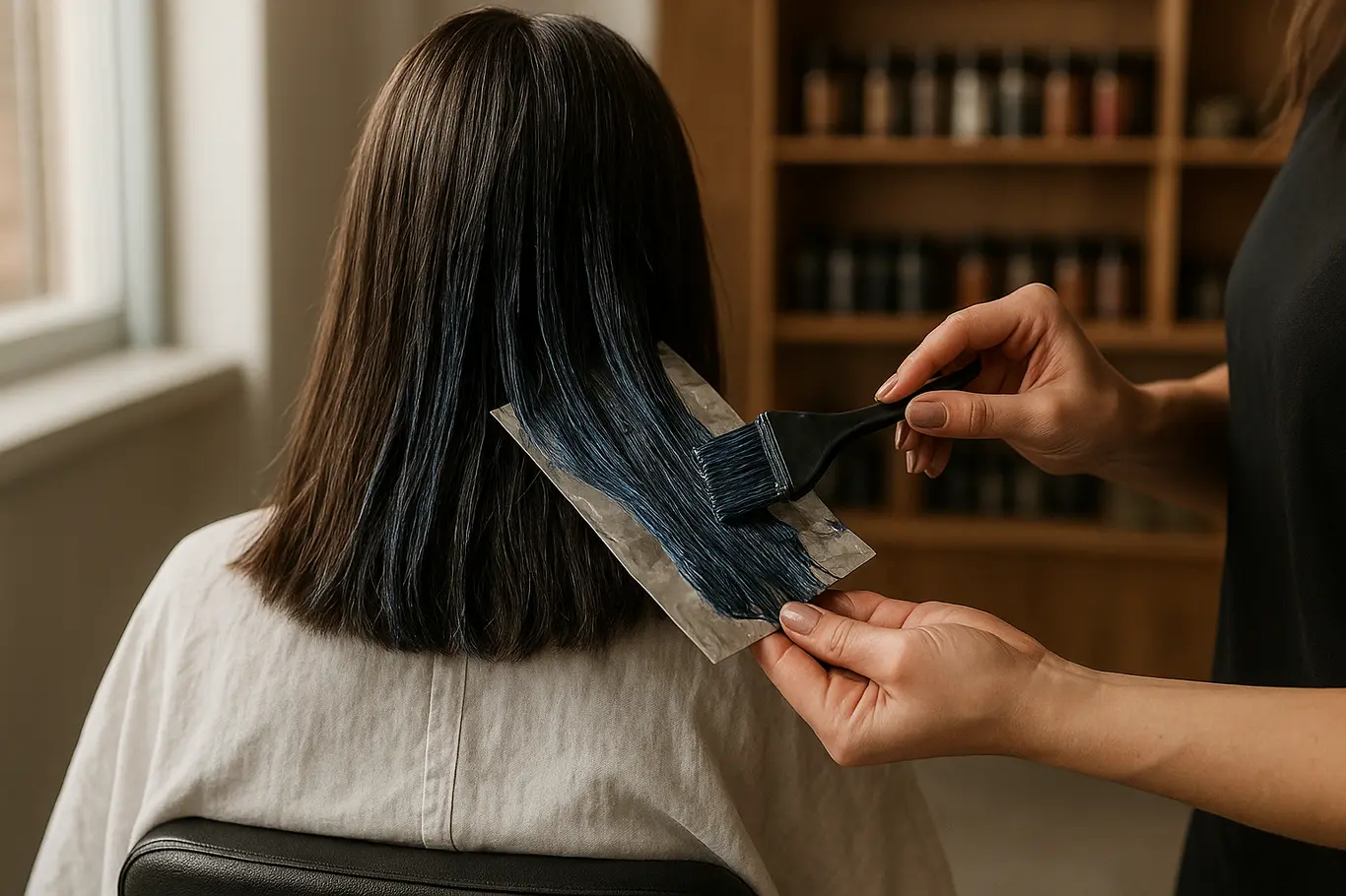 Aplicação de toner azul-preto em salão iluminado por janela, mãos do cabeleireiro visíveis