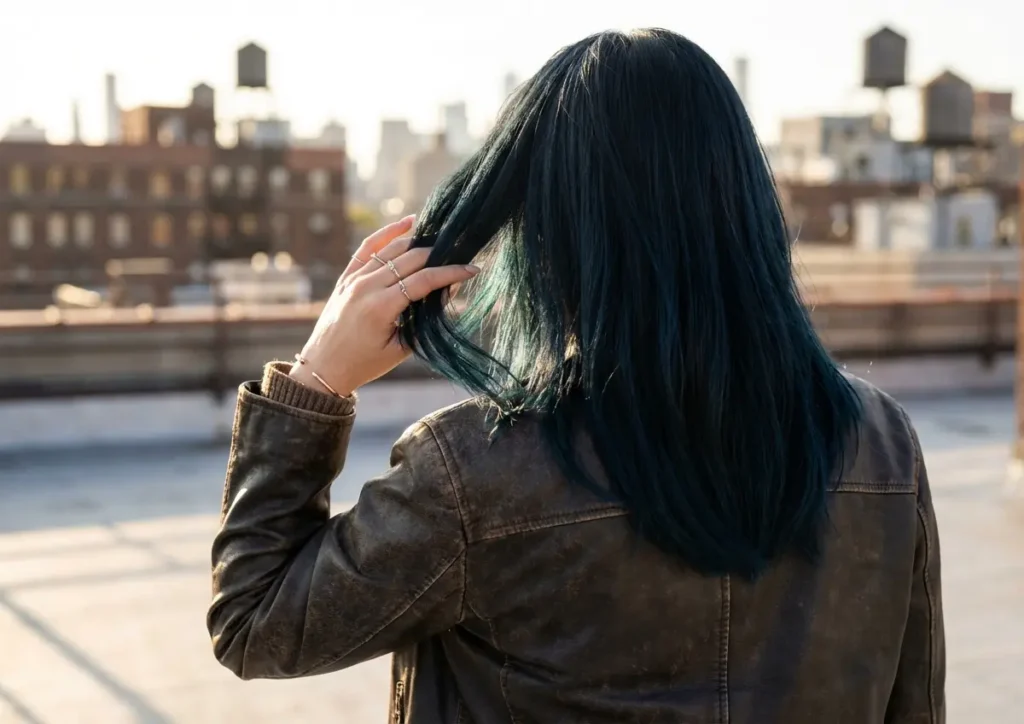 Pessoa de costas com cabelo preto azulado em telhado urbano ao pôr do sol