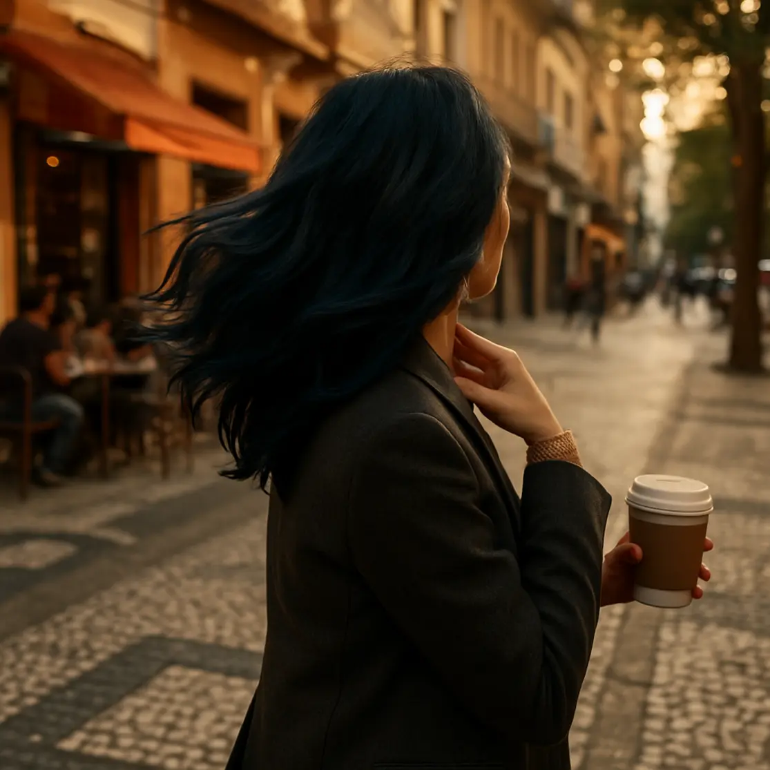 Pessoa caminhando em rua brasileira com cabelo preto azulado esvoaçando ao pôr do sol
