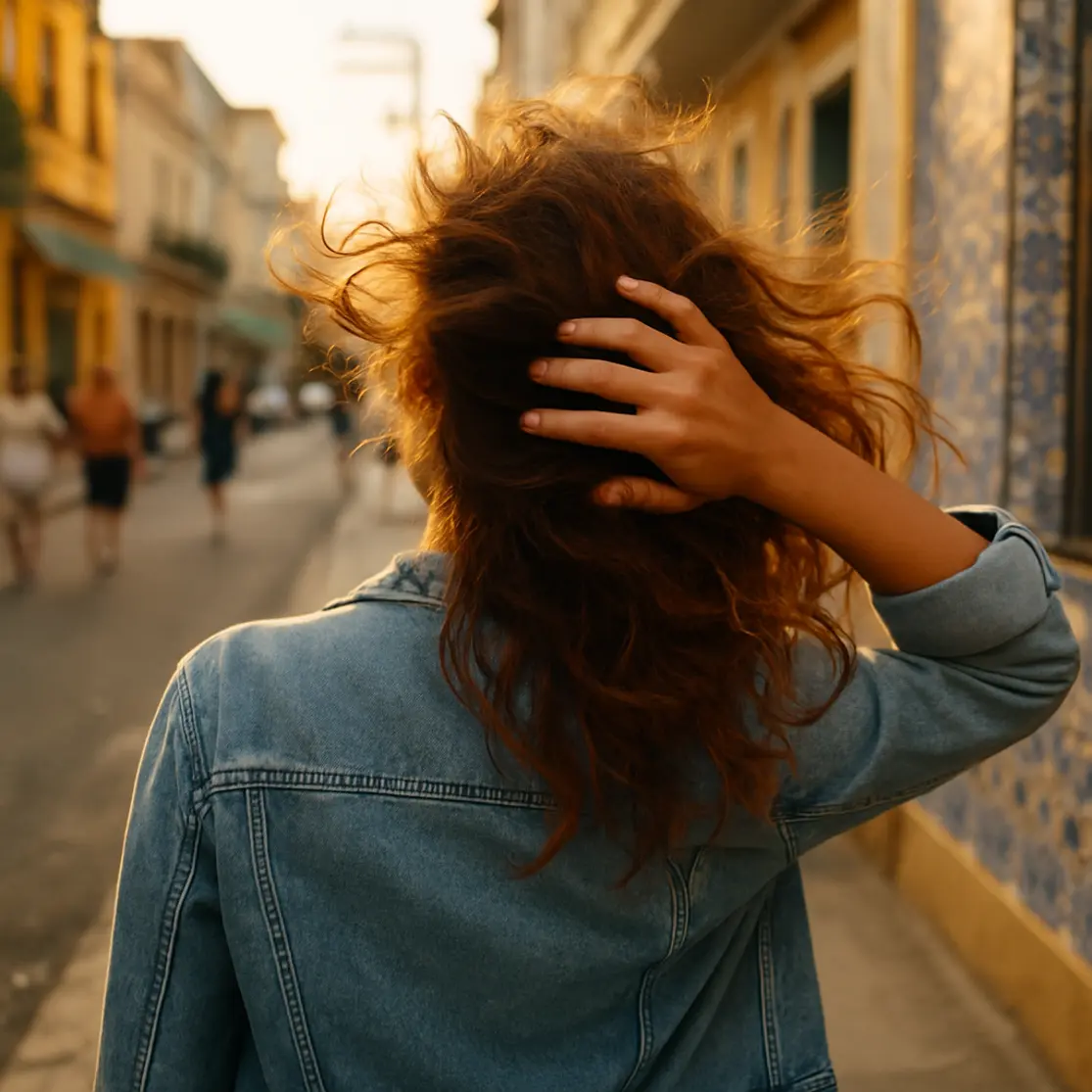 Pessoa de costas passando as mãos no cabelo volumoso numa rua com azulejos ao pôr do sol