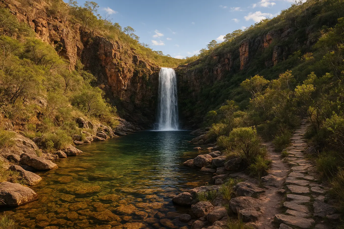 Vista ampla da cachoeira escondida no Cerrado com poço cristalino e rochas