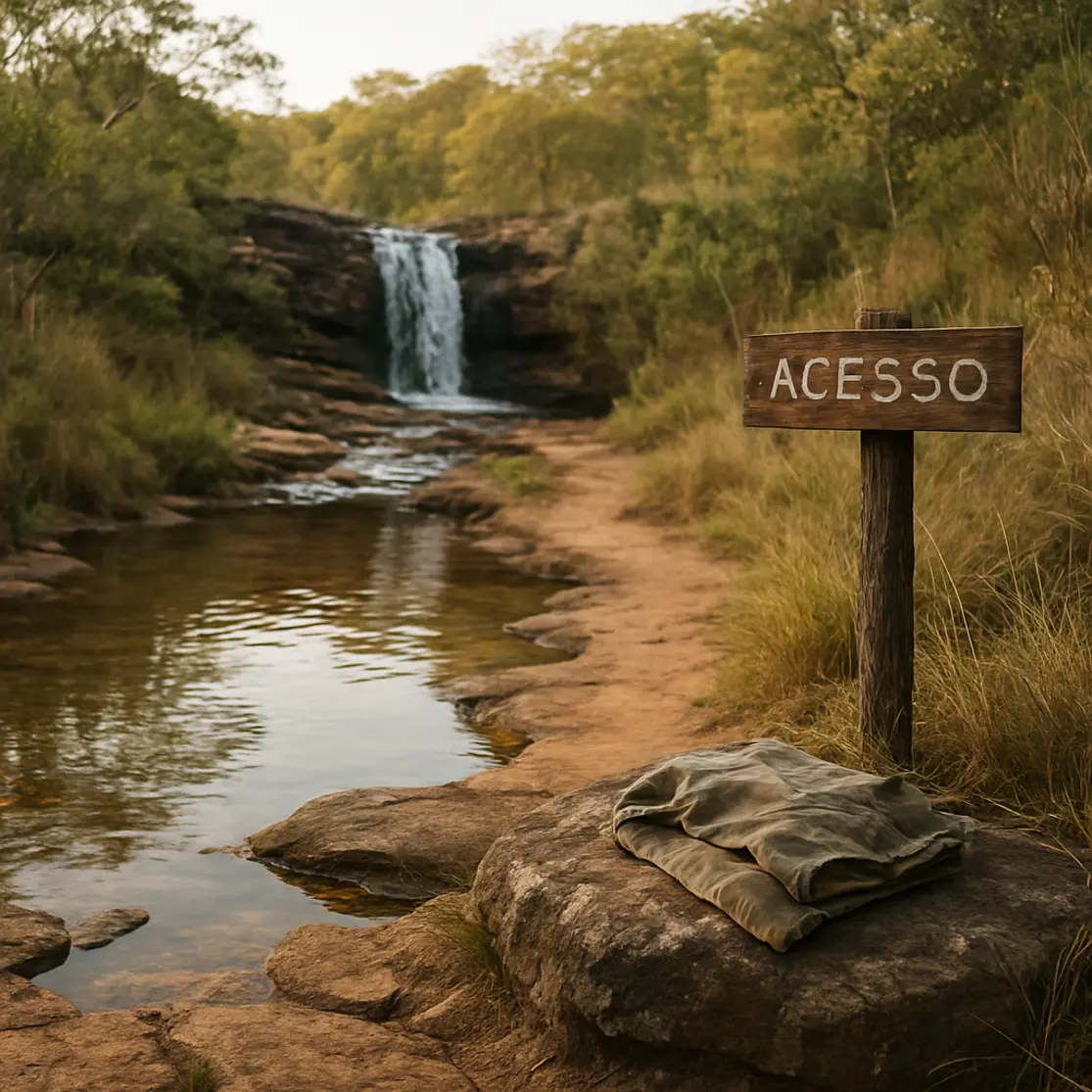 Poço raso, trilha e vegetação do Cerrado próximos à cachoeira