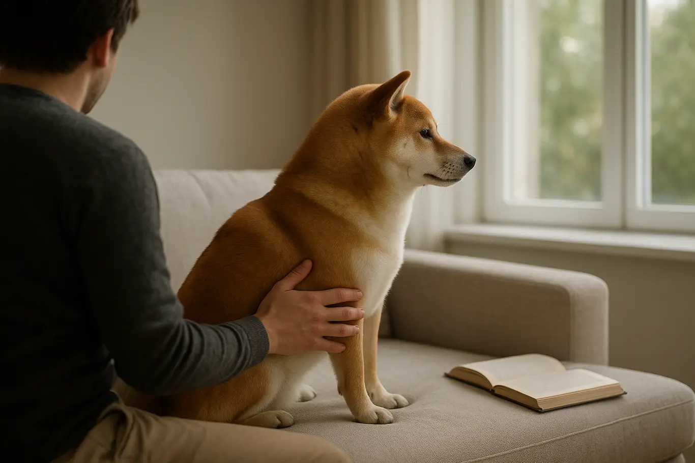 Shiba Inu sentado no sofá com proprietário de costas tocando suavemente o dorso do cão.