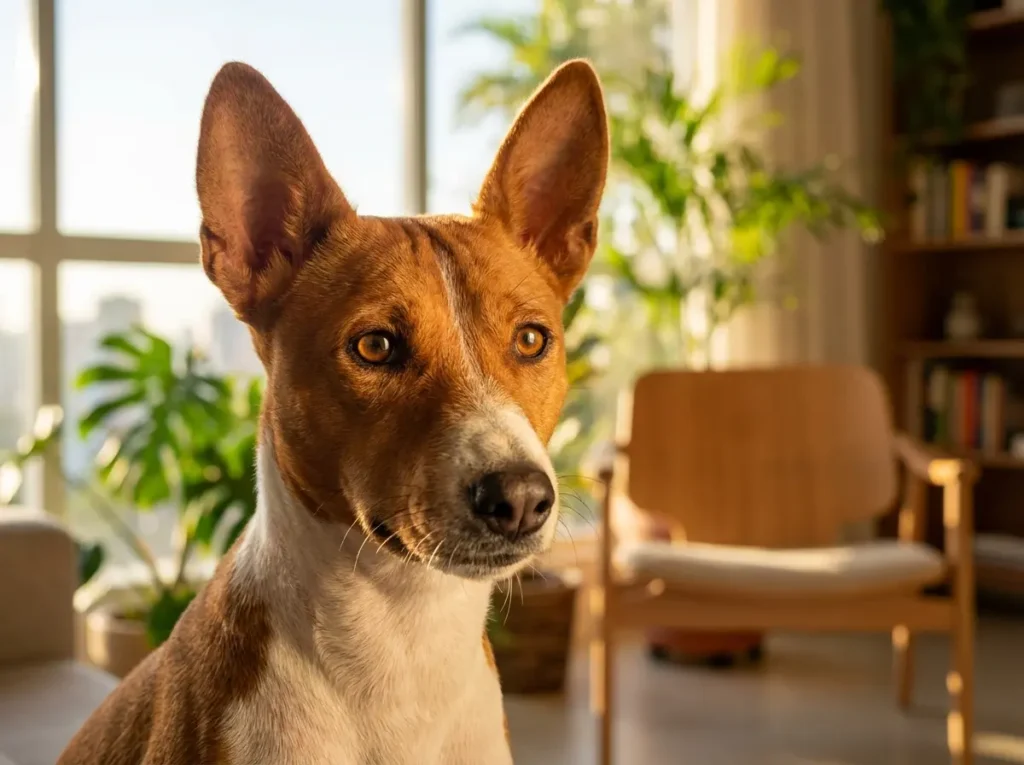 Close-up de um Basenji em apartamento com luz dourada, expressão calma, fundo desfocado.