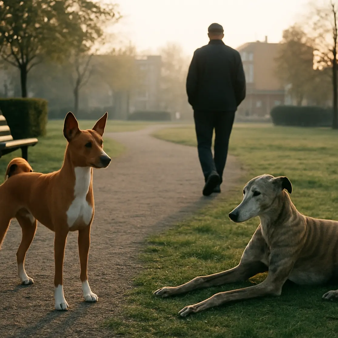 Parque urbano ao amanhecer com Basenji e Greyhound tranquilos, dono ao fundo de costas.