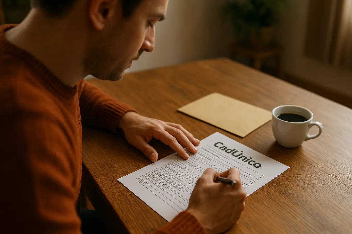 Mãos preenchendo formulário sobre mesa com envelope e xícara de café, rosto desfocado