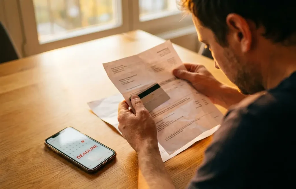 Pessoa de costas segurando documentos e smartphone com calendário desfocado em ambiente doméstico