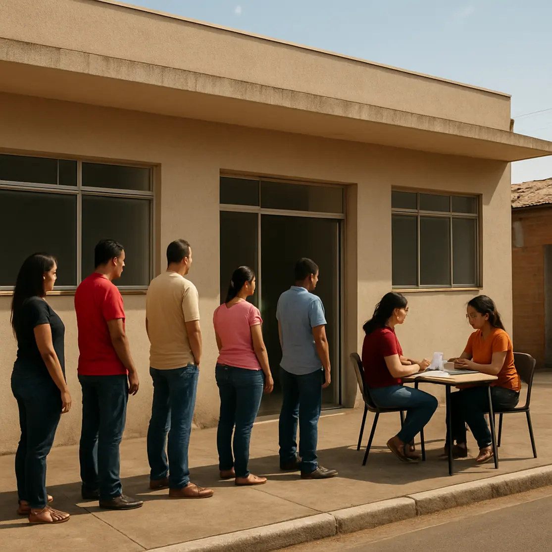 Centro comunitário com pessoas em fila e atendente auxiliando com documentos, vista ampla