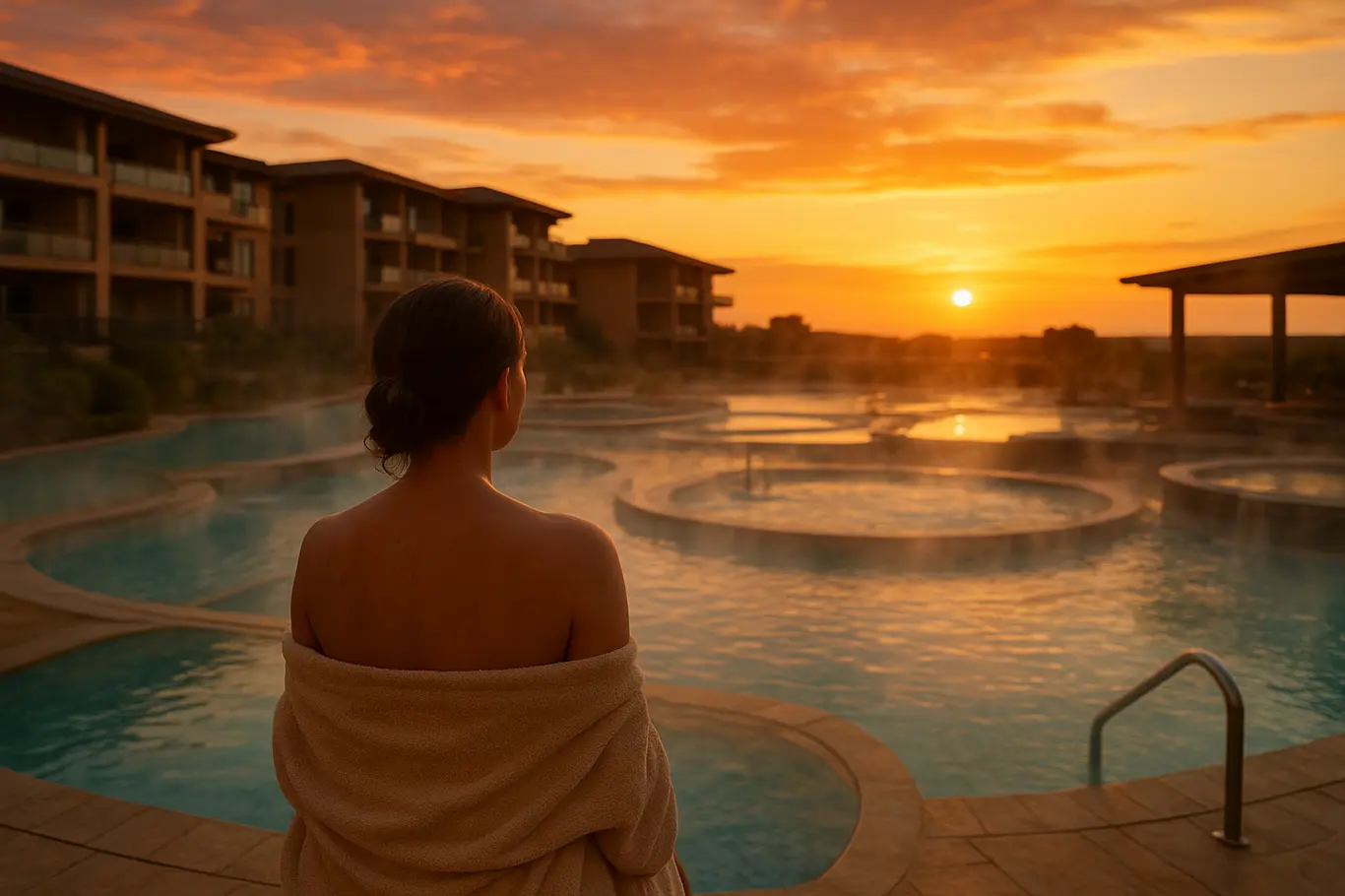 Pessoa vista de costas sentada na beira de piscina termal em Caldas Novas durante o pôr do sol