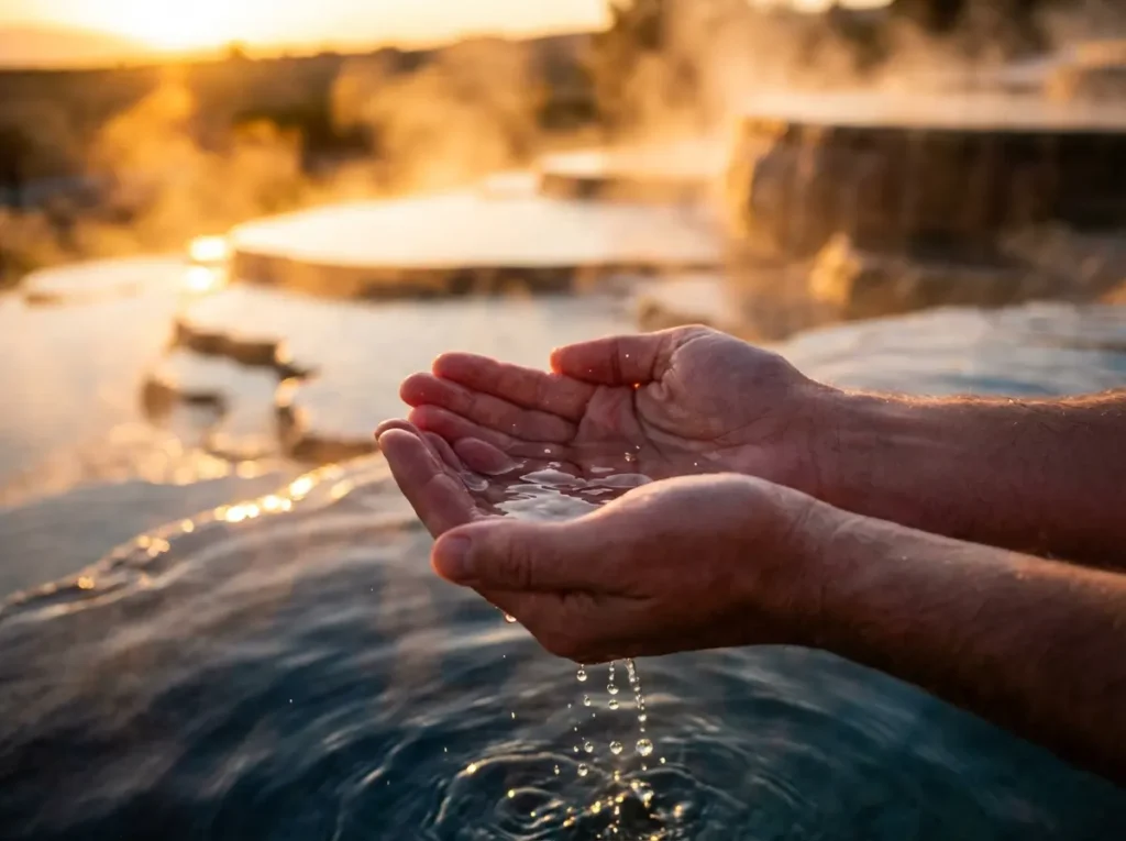 O que fazer em Caldas Novas GO: roteiros e dicas para 1 a 4 dias Close-up de mãos segurando água quente de piscina termal em Caldas Novas, com vapor ao fundo