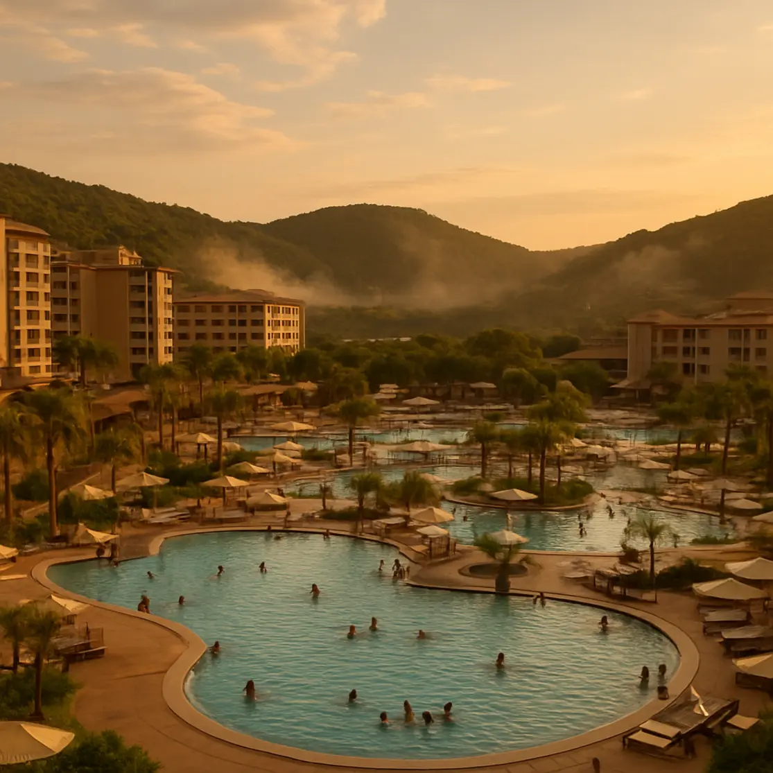 Panorama das piscinas termais e hotéis de Caldas Novas com colinas ao fundo e vapor sobre a água