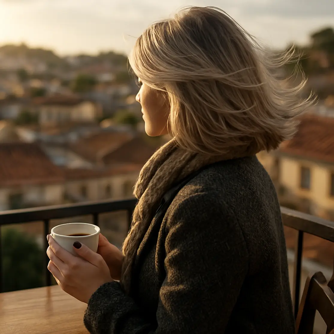 Pessoa de três-quartos com cabelo loiro acinzentado 7.1 numa varanda de cafeteria, mãos segurando café, luz do fim da tarde