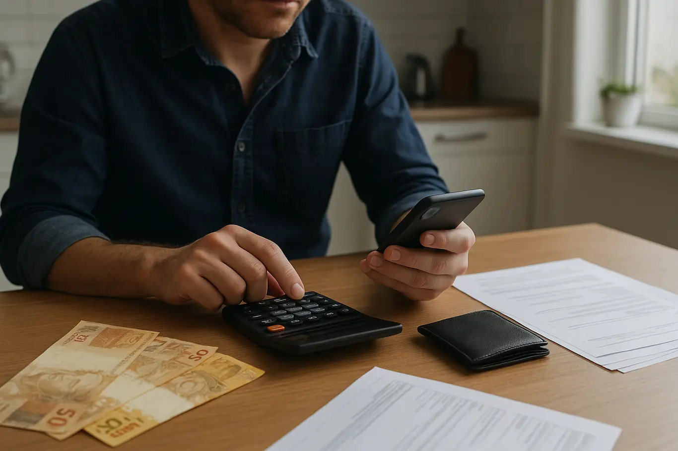 Trabalhador em 3/4 usando smartphone e calculadora com cédulas ao lado