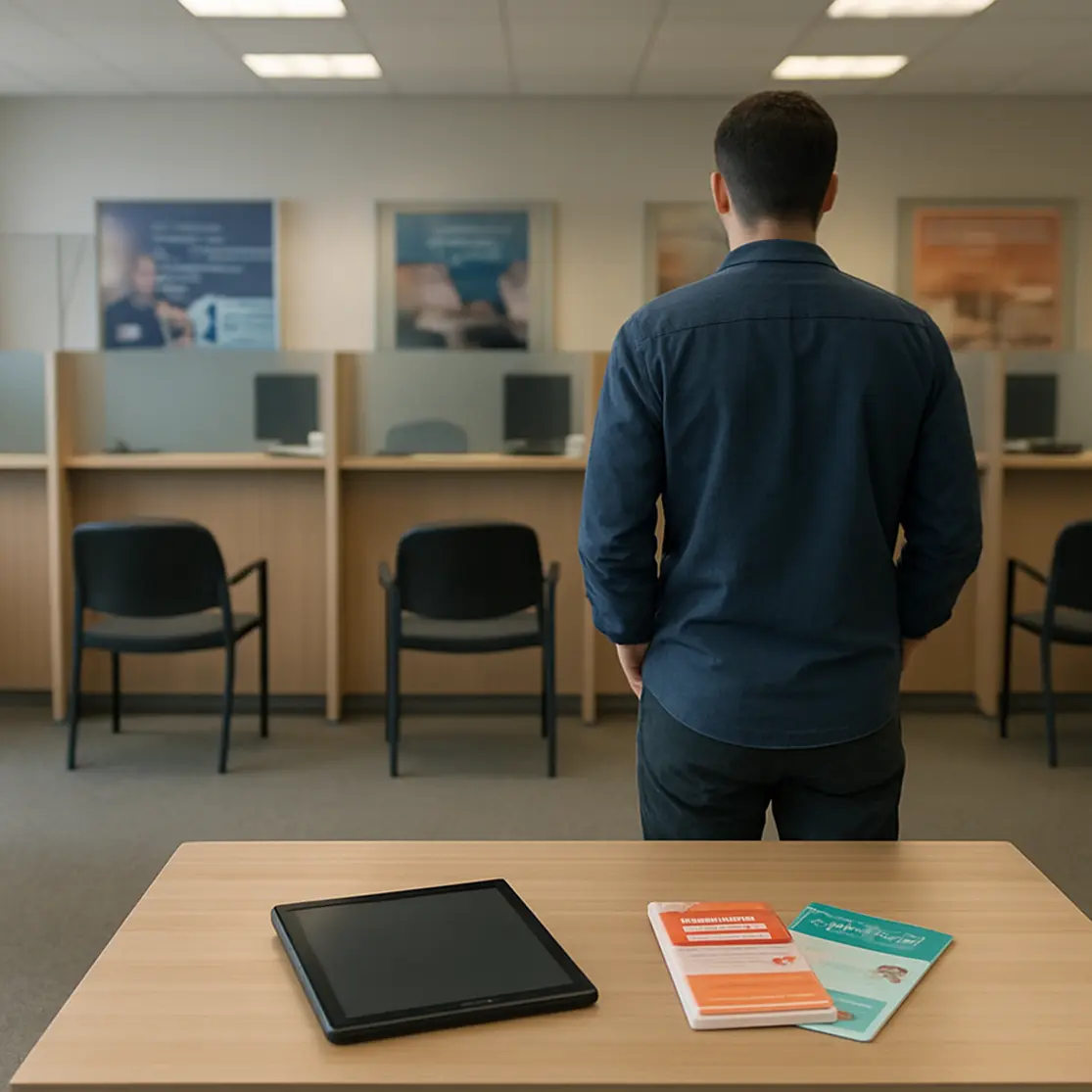 Interior de agência bancária com cliente de costas ao balcão