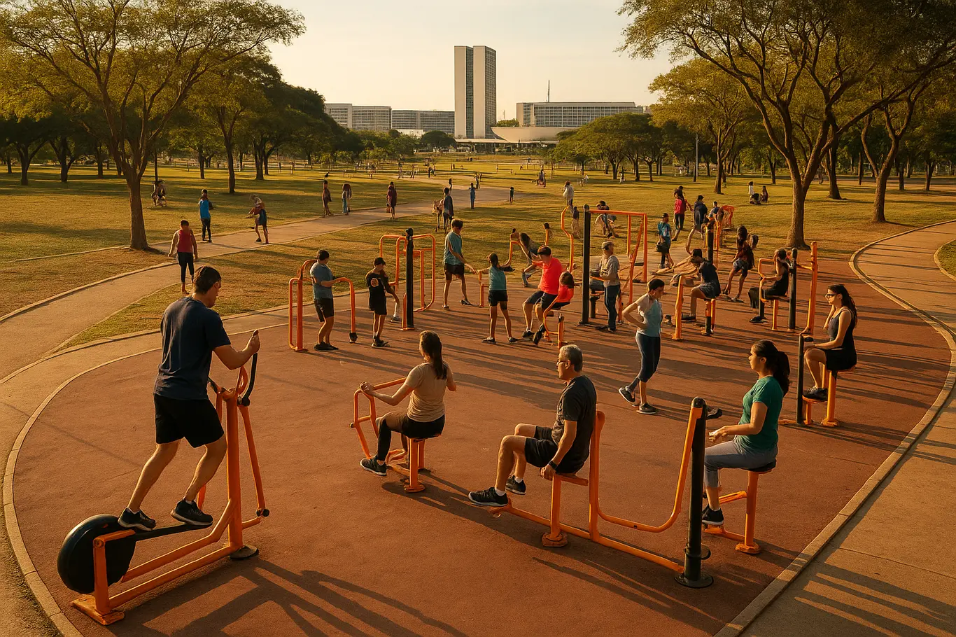 Vista ampla da academia ao ar livre em Brasília com várias pessoas usando aparelhos ao entardecer