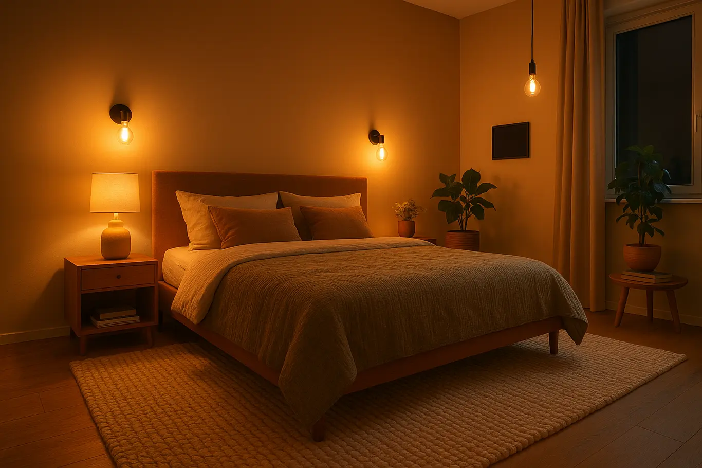 Visão ampla do quarto com várias fontes de luz quente e painel de LED desligado