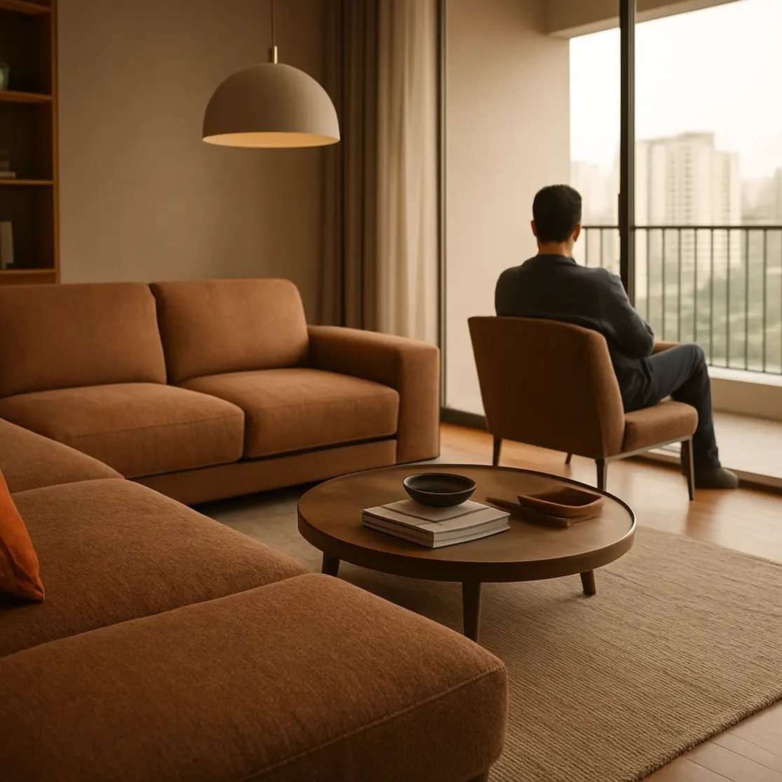 Sala integrada com sofá modular reconfigurado e morador de perfil usando o móvel
