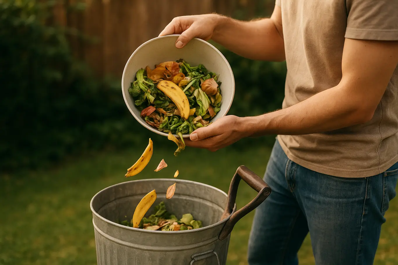Pessoa de perfil despejando restos de cozinha em balde de compostagem
