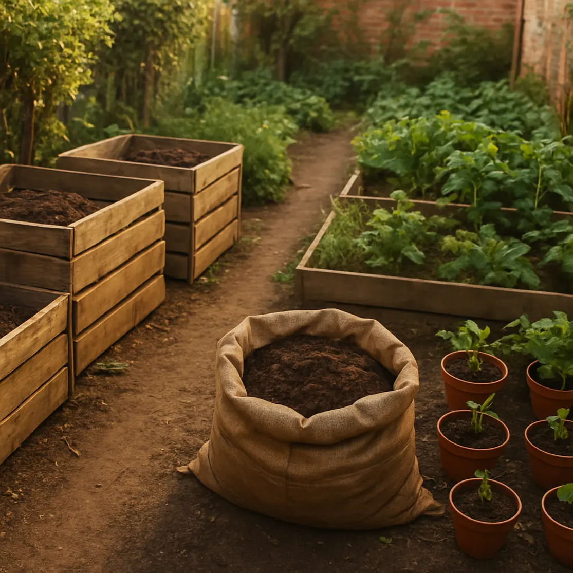 Quintal com caixas de compostagem, sacos de adubo e canteiros