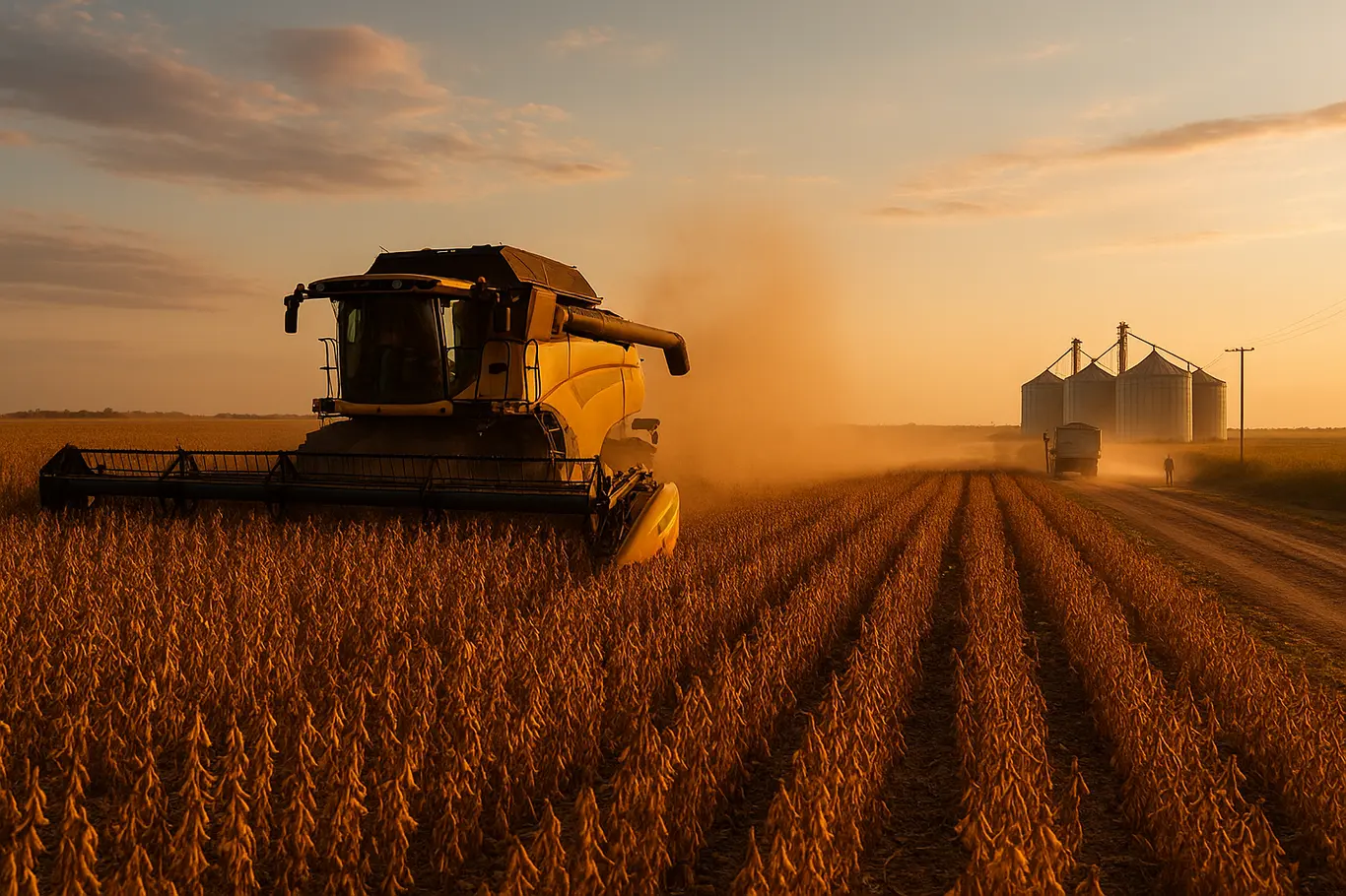 Colheitadeira em campo de soja com silos e caminhão ao fundo