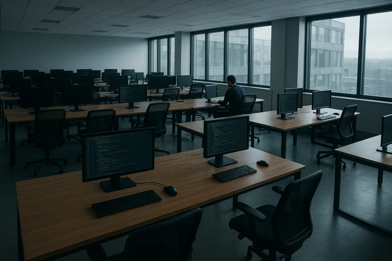 Vista ampla de escritório com fileiras de mesas e um desenvolvedor ao fundo