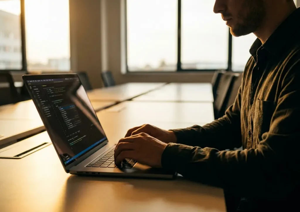 IA em 2026: o que muda para programadores e vagas no mercado Programador em 3/4 digitando em laptop com tela de código em escritório vazio