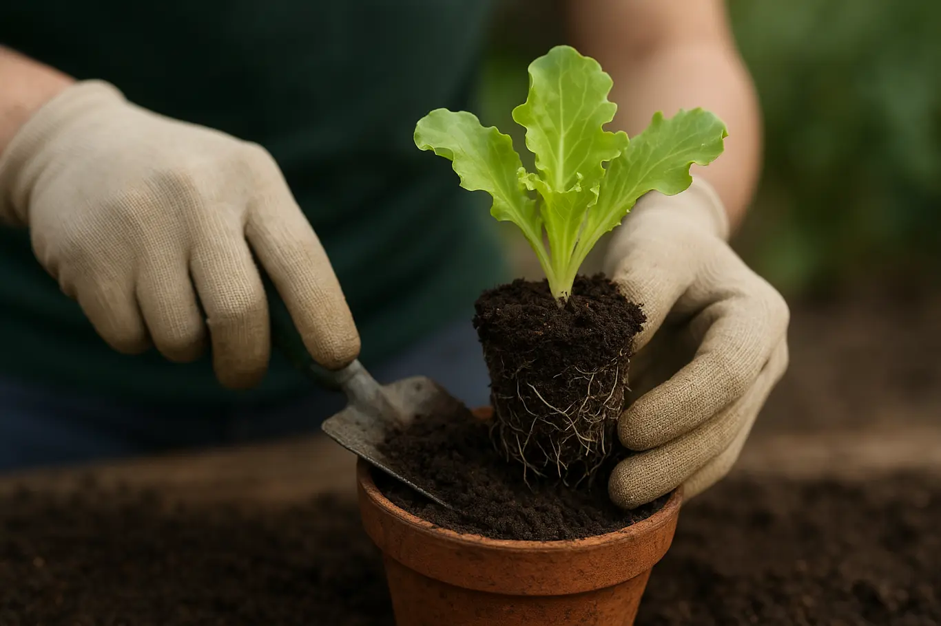 Mãos em perfil plantando muda de alface em vaso com pequena pá