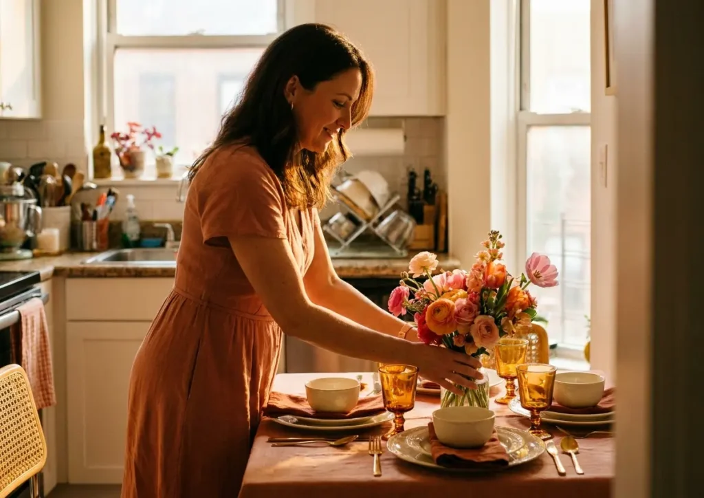 Mãe em perfil 3/4 arrumando a mesa de Dia das Mães em apartamento pequeno
