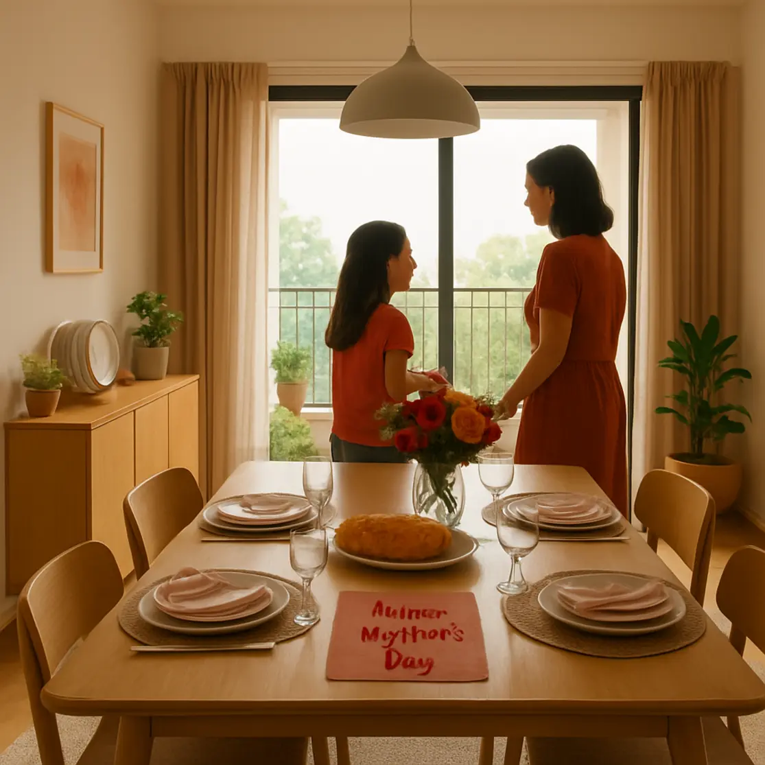 Visão ampla do ambiente do apartamento pequeno preparado para almoço de Dia das Mães