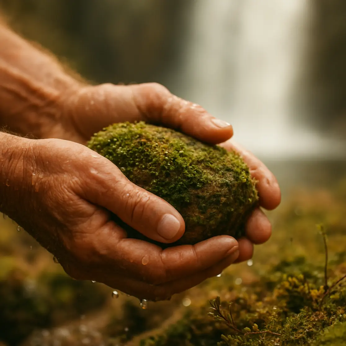 Close-up de mãos segurando pedra coberta de musgo com gotas de água próximas a uma cachoeira em Alto Paraíso.