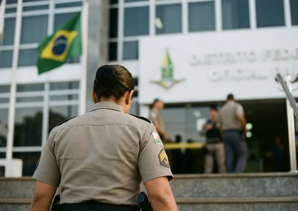 Oficial da PMDF vista de costas descendo as escadarias da sede com a bandeira ao fundo