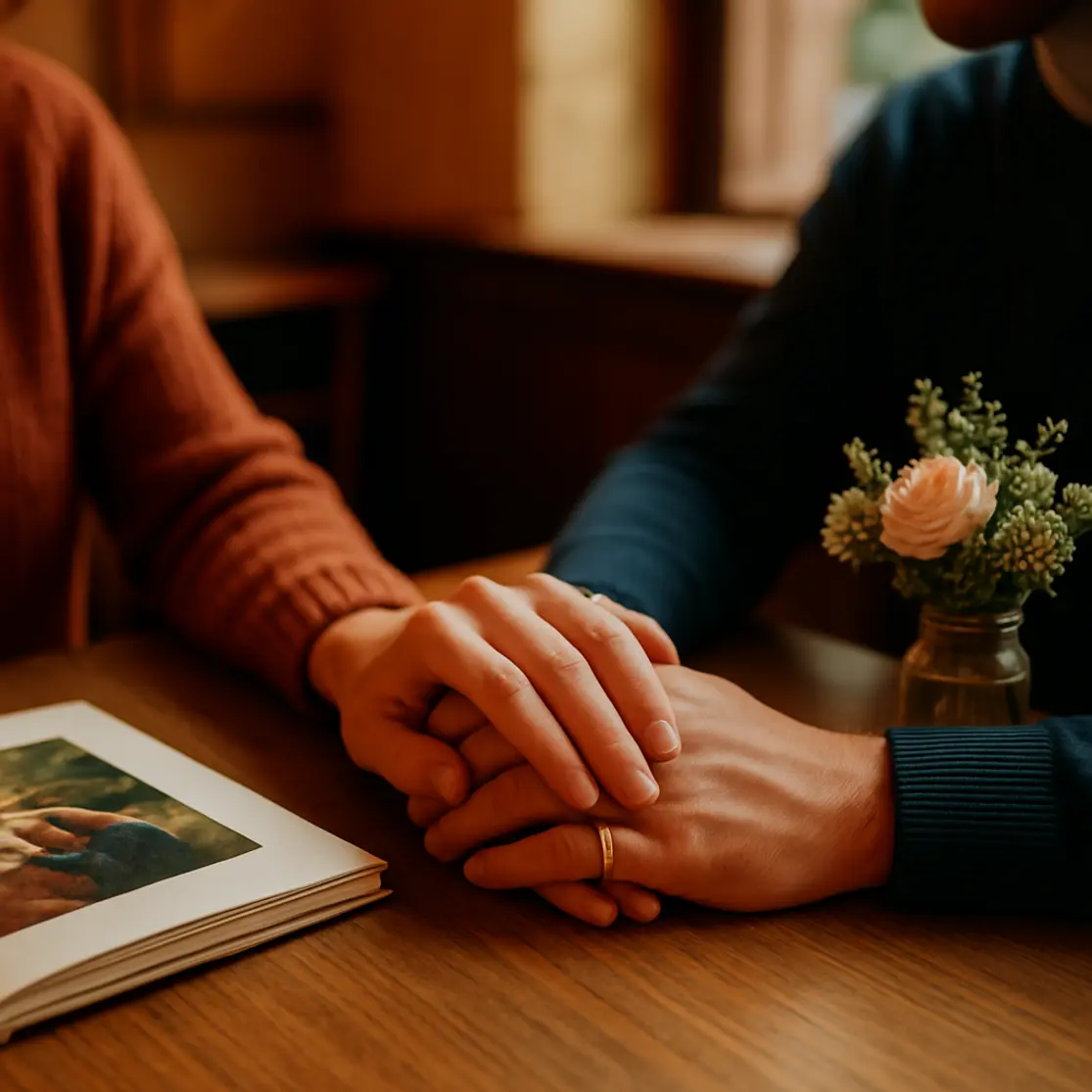 Cena de café com casal de mãos dadas mostrando anel solitário e aliança de namoro em ambiente acolhedor