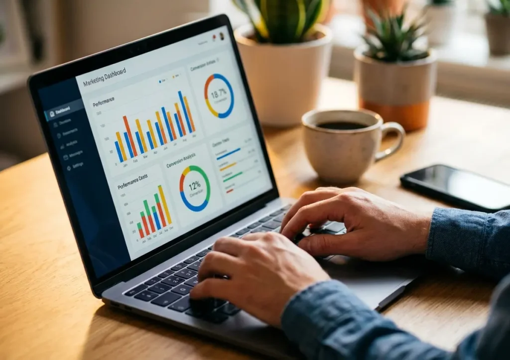 Profissional de marketing em 3/4 trabalhando em laptop com painel de campanha genérico, luz quente