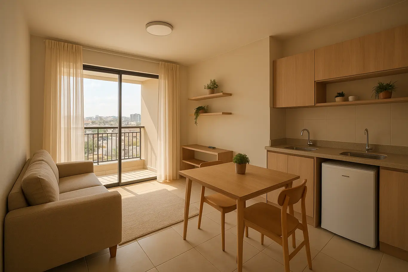 Sala integrada à cozinha com pequena varanda e vista urbana, ambiente otimizado e iluminado.
