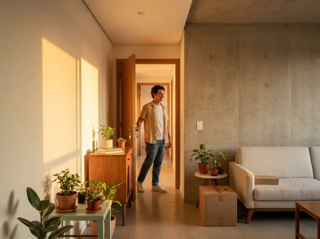 Pessoa em 3/4 abrindo a porta de um apartamento simples e arejado em Brasília, luz dourada do fim de tarde.