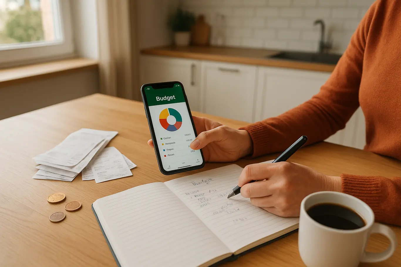 Mesa com smartphone, caderno, recibos e mãos organizando orçamento, luz natural.