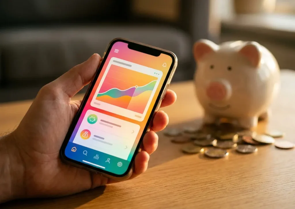 Mão segurando smartphone com app de economia, cofrinho e moedas ao fundo, cores quentes.