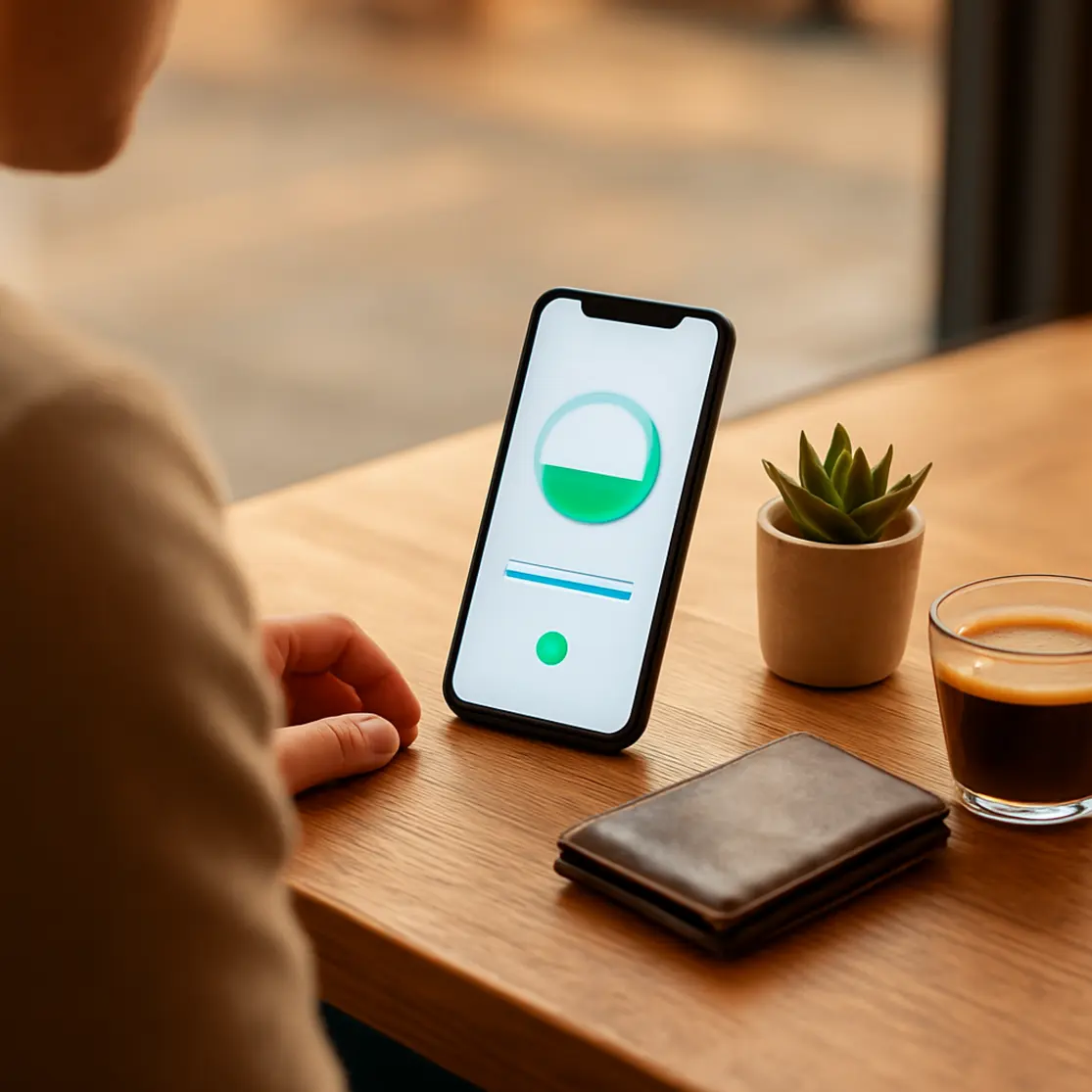 Pessoa em perfil usando smartphone em café, vaso pequeno e café na mesa.