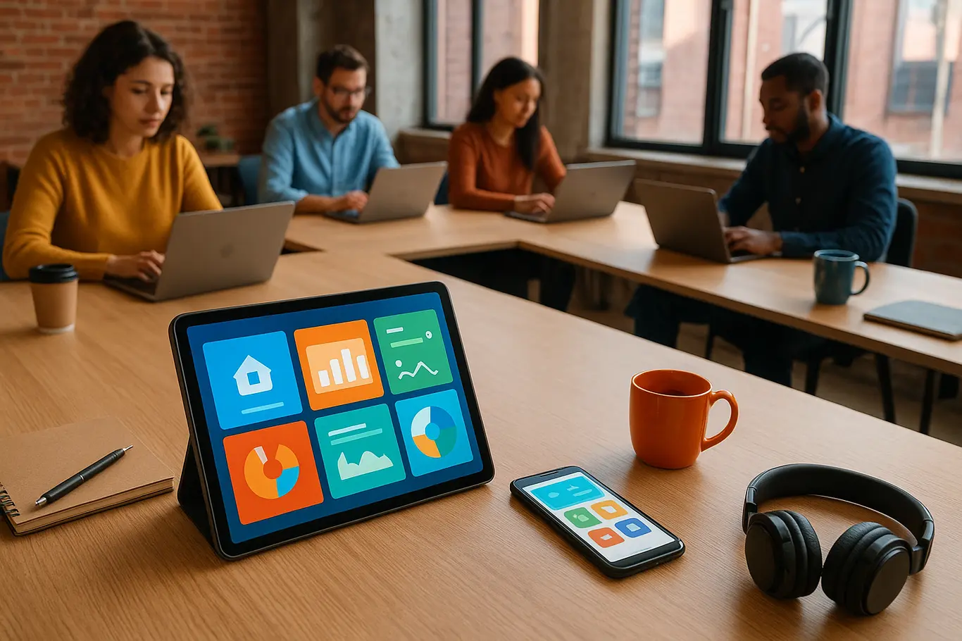 Mesa de coworking com tablet e smartphone mostrando elementos visuais do novo app, pessoas trabalhando ao fundo