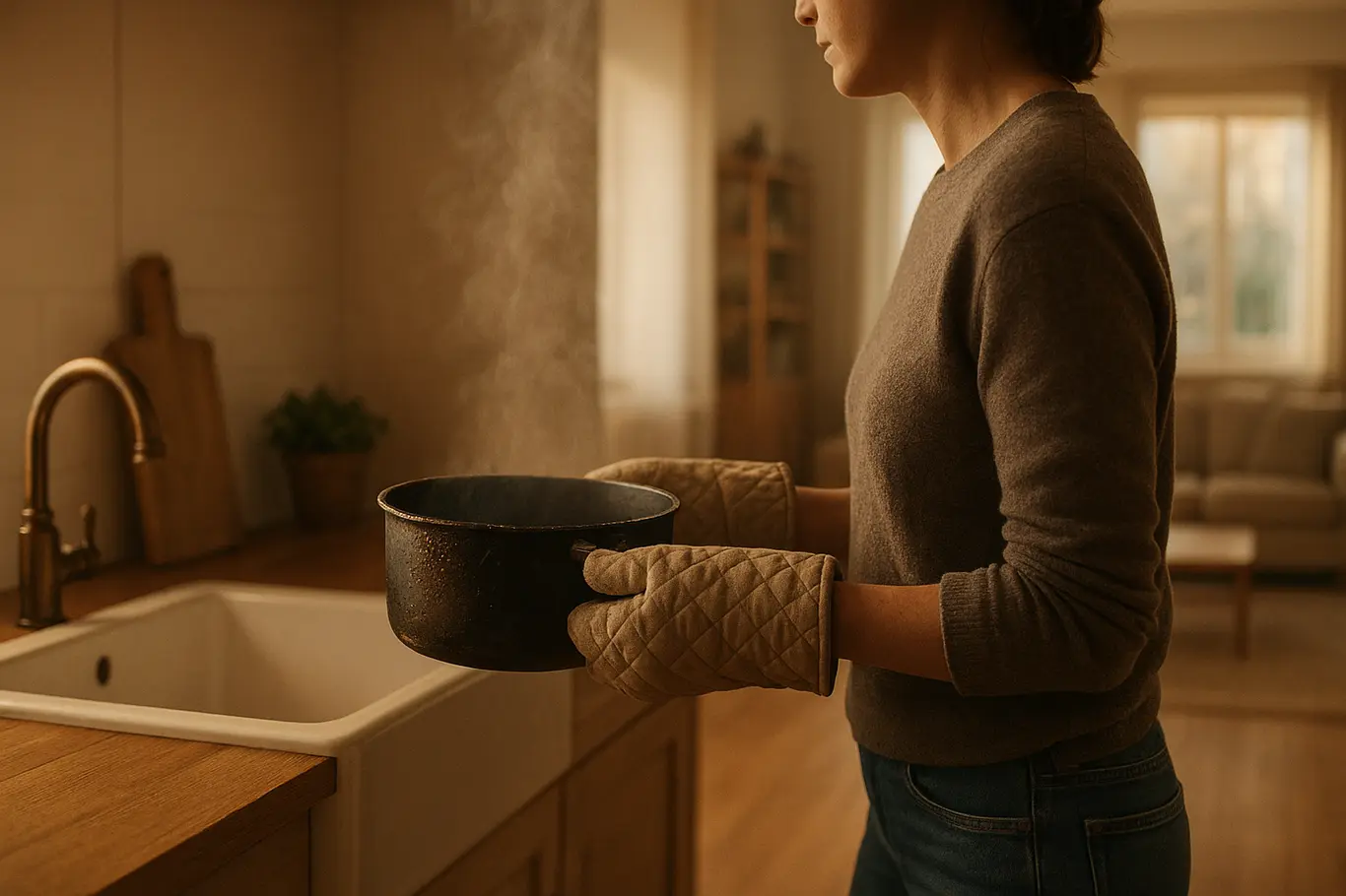 Pessoa levando panela queimada ao balcão em cozinha integrada
