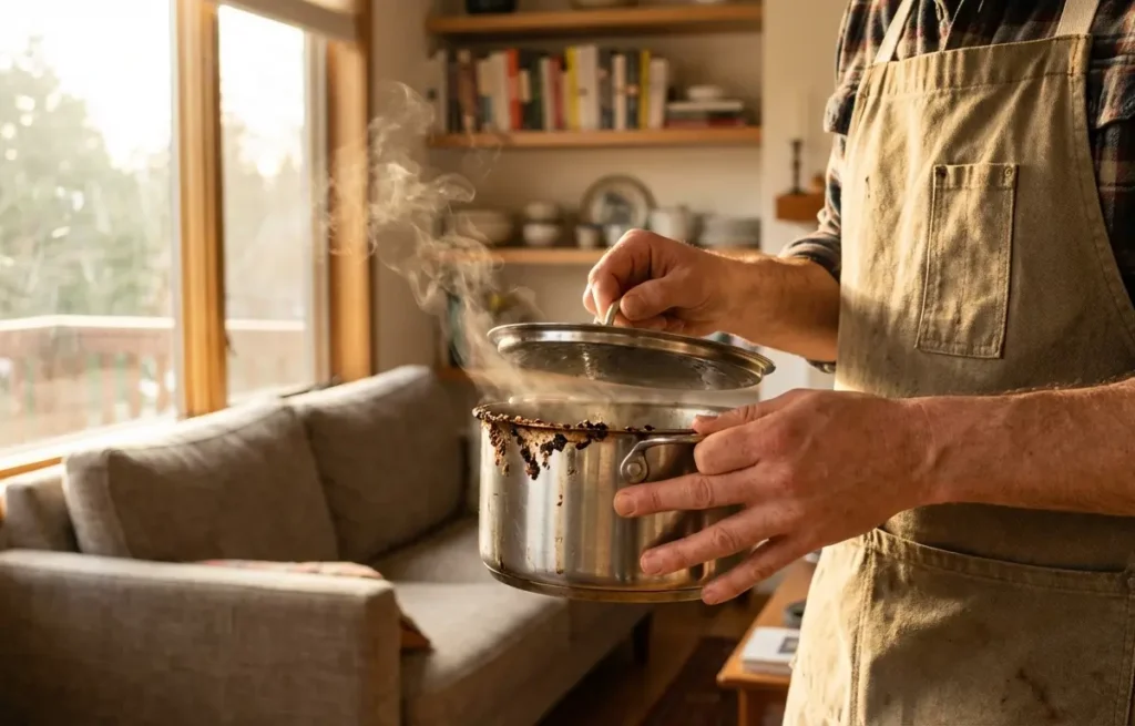 Pessoa vista de costas segurando panela fumegante em cozinha integrada