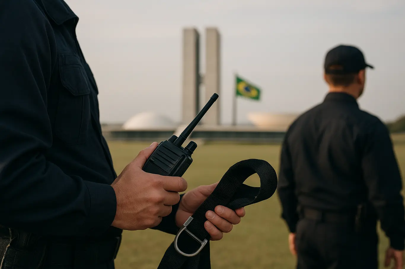 Mãos de agente segurando rádio com Congresso Nacional desfocado ao fundo.