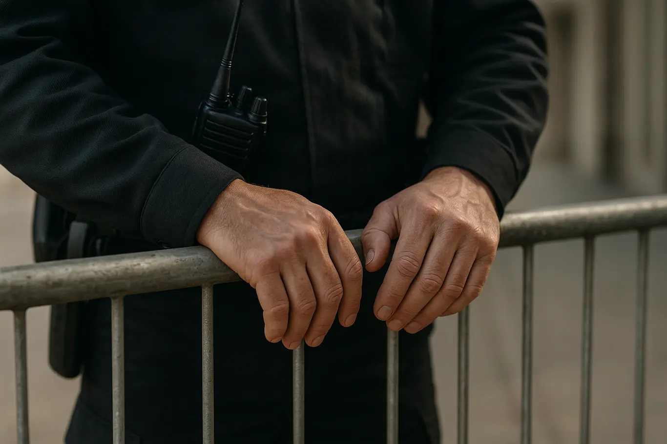 Mãos de agente de segurança apoiadas em grade metálica de contenção