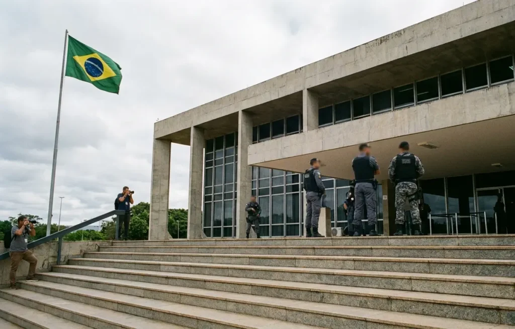 Fachada do tribunal do Distrito Federal com agentes de segurança vistos de costas